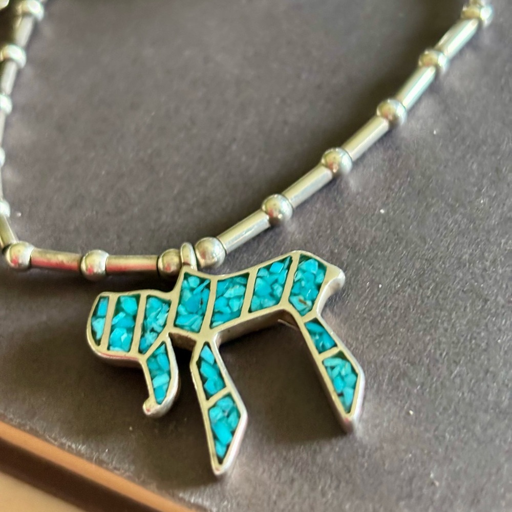 Vintage Sterling Silver Turquoise Inlay Chai Pendant Necklace – “Life” Symbol